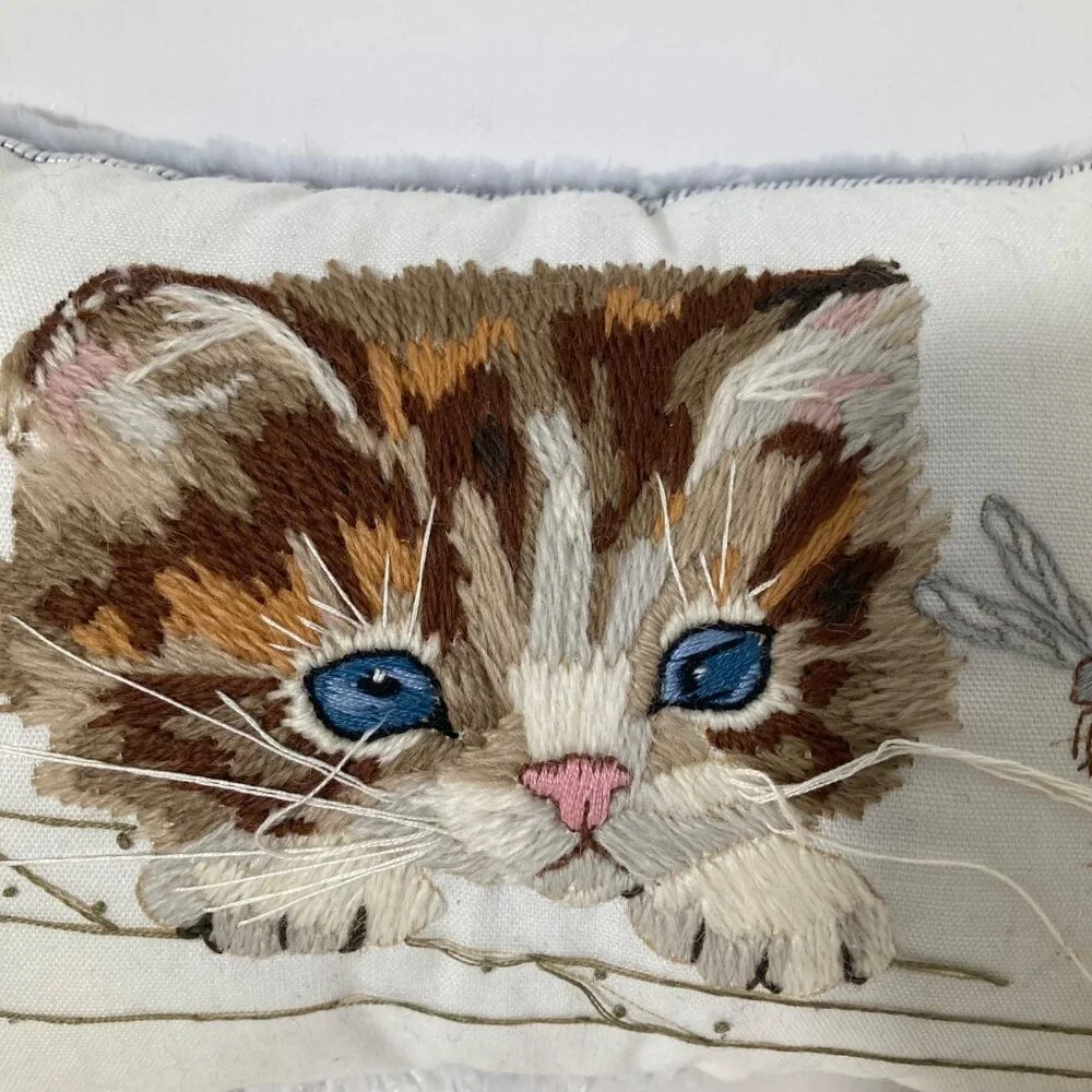 Handmade Crewel Embroidered Kitty Dragonfly Pillow Faux Fur Backing 10 x 6 x 4